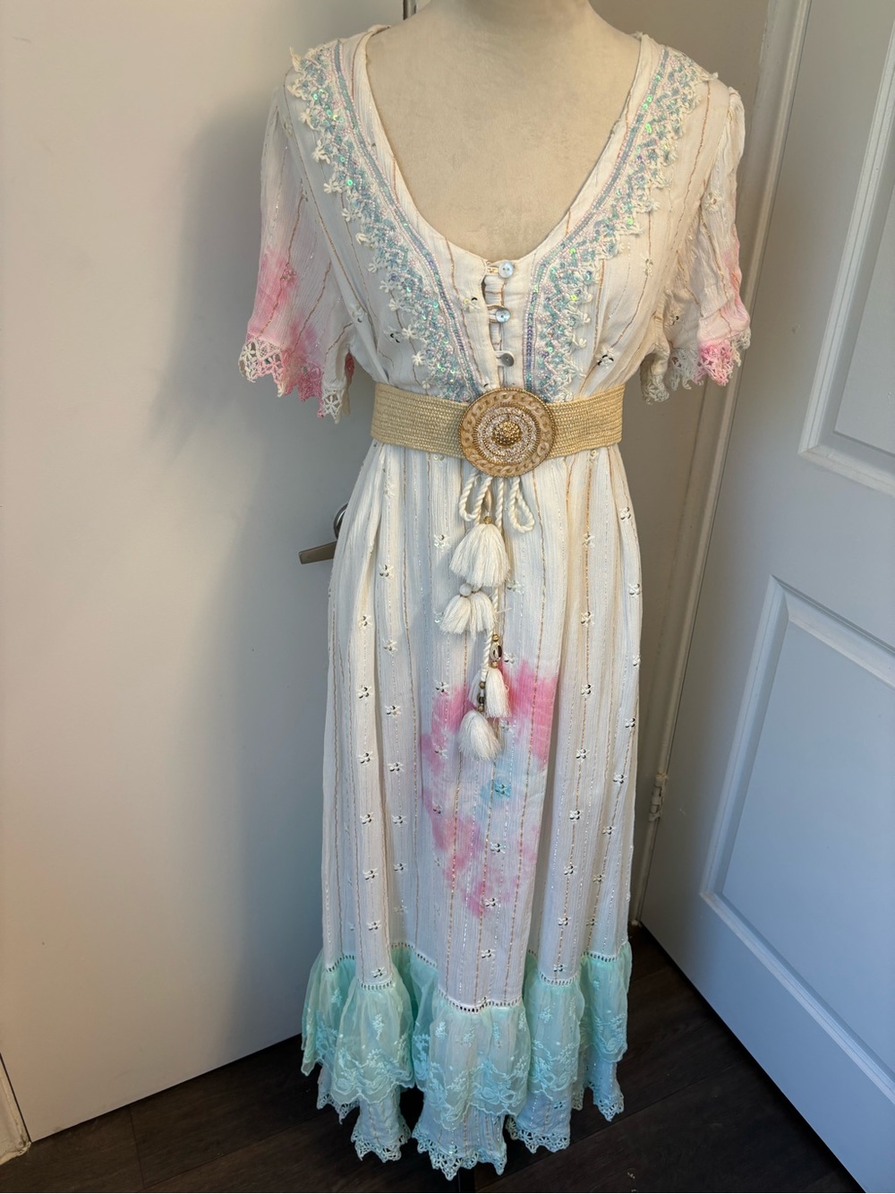Cream Maxi Dress with Pink & Aqua Accents and Braided Tassel Belt